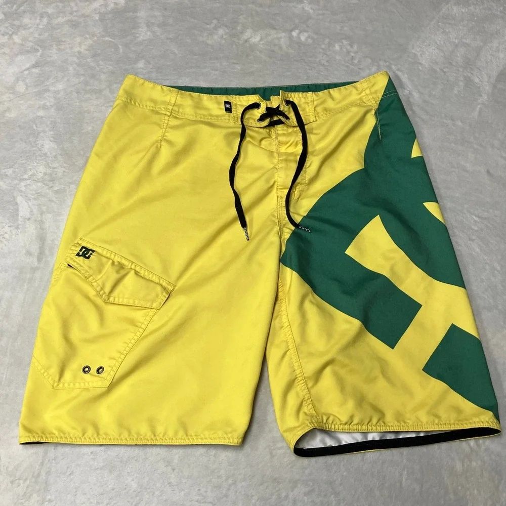 Y2K DC Shoes Board Shorts Swim Trunks Big Logo Hit Yellow Green Skater Mens 36